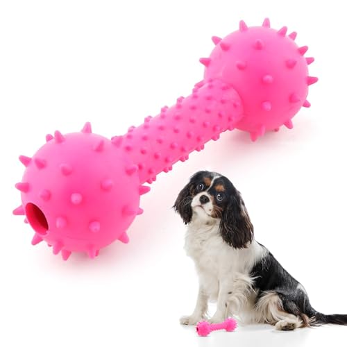Image of Durable Chew Toy Dumbbell for Dogs and Cats - Durable Soft Natural Rubber Squeaky Spiky Dumbbell |Dental Teething Cleaning Chew Toy(Pink)