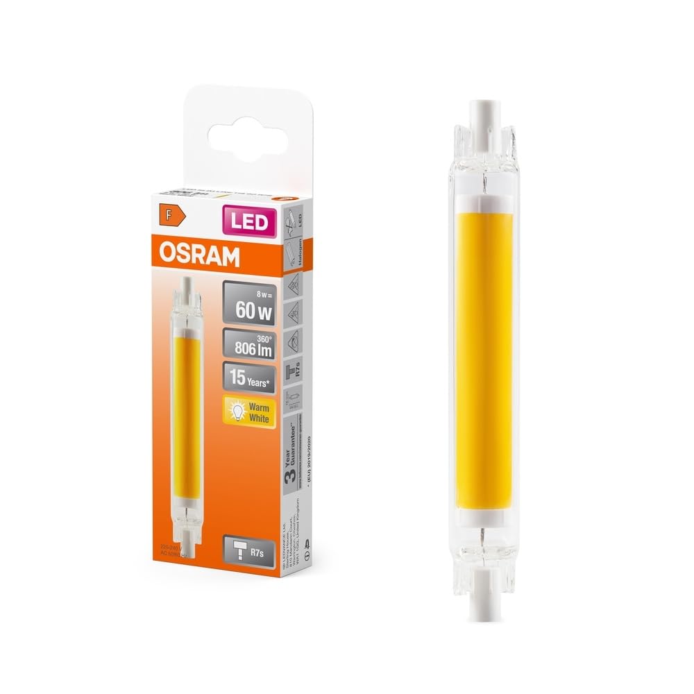 OSRAM Slim Line LED Light with R7s Retrofit Base, 8 W / 806 lm, 2700 K Warm White Light, Non-Dimmable, IP20, Lead-Free Glass, Diameter 16 mm.