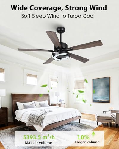 Image of Ceiling Fans with Lights and Remote - Creative Black 52 inch Ceiling Fan with Light, 3CCT, 6 Speeds, Dual-Sided Reversible 5 Blades Indoor Outdoor Modern Chandelier Fan for Bedroom Living Room