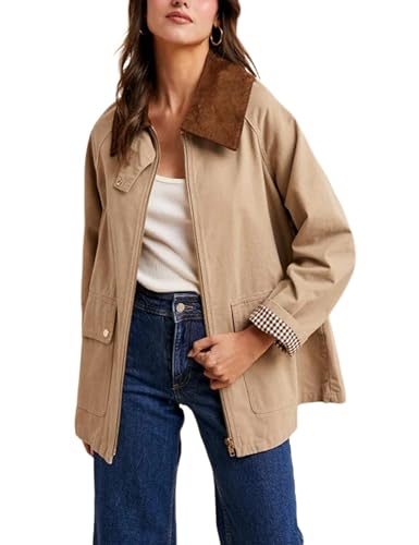 Lviefent Womens Contrast Corduroy Collar Jacket Zip Up Jacket Casual Coat Long Sleeve Outwear with Pockets