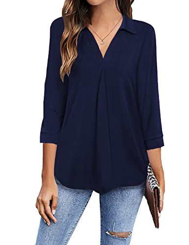 Newchoice Womens Collared V Neck 3/4 Sleeve Shirts Business Casual Tops Loose Work Blouses (S-3XL)