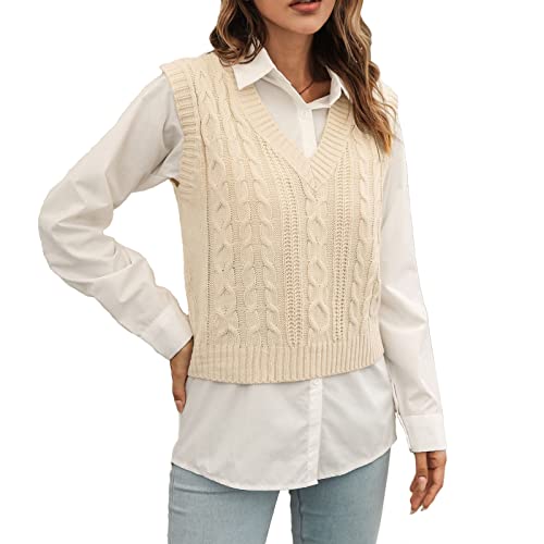 Image of jinghuiyue Women's Stripe Sweater Vest Classic V Neck Cable Knit Vest Sleeveless Pullover Ribbed Tank Tops