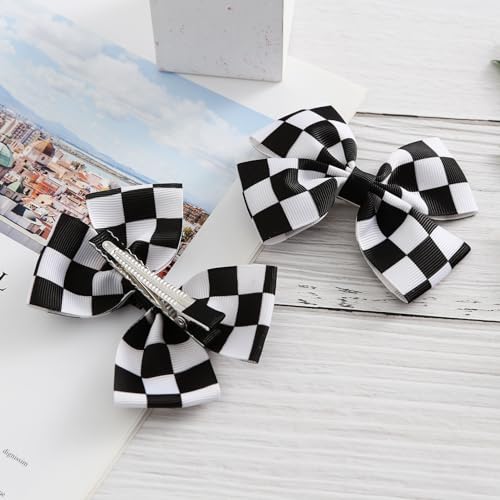 JiaDuo 4PC Racing Black and White Checkered Flag Hair Bow Clips for Girls