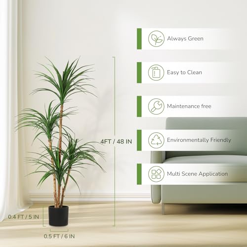 4 Ft Artificial Dracaena Tree, Realistic Fake Dracaena Plant, Tall Dracaena Houseplant for Indoor Décor, Adjustable Lifelike Faux Tree, Ideal for Photo Backdrops, Nursery, Living Room, Office