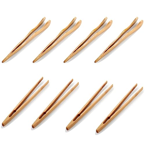 Generisch 8 Stück hölzerne Toasterzange Wiederverwendbare Bambus-Küchenzange Bambus-Toaster-Zange zum Kochen von Toastbrotgurken (4 gerade, 4 gebogen)