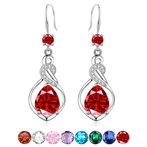 Silver Drop Earrings for Women Hypoallergenic Sterling Silver Post Cubic Zirconia Dangly Earrings Twisted Linear Red Earring Jewellery Gifts for Her Birthday Anniversary Christmas