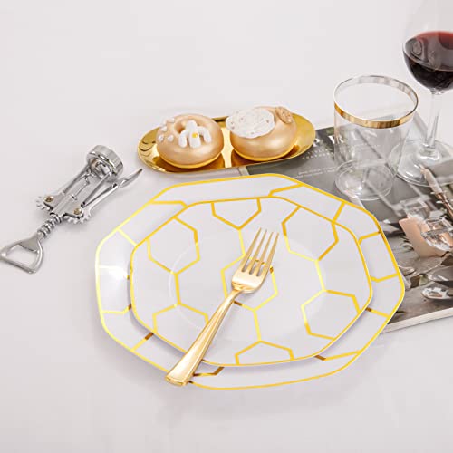 Colosus 175Pcs Disposable Plastic Party Plates Dinnerware Set - 25 Guest Gold White Plastic Dinner Plates Dessert Plates Silverware Cup And Napkins - For Party/Wedding #TOP2