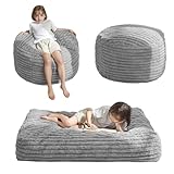 MAXYOYO Kids Bean Bag Chair Bed, Convertible Children Bean Chair to Floor Mattress with Filler, Faux Fur Bean Bag Bed Stuffed Child Sofa Couch for Girl Boy Sleeping, Machine Washable Cover, Grey