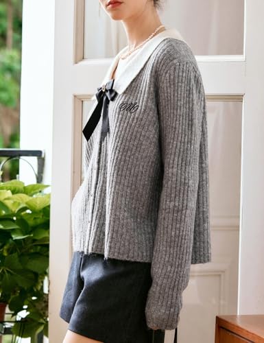 Women's Grey Cropped Sweater Cardigan with Bow Button Closure On Chest Long Sleeves Autumn Fashion Sweater3