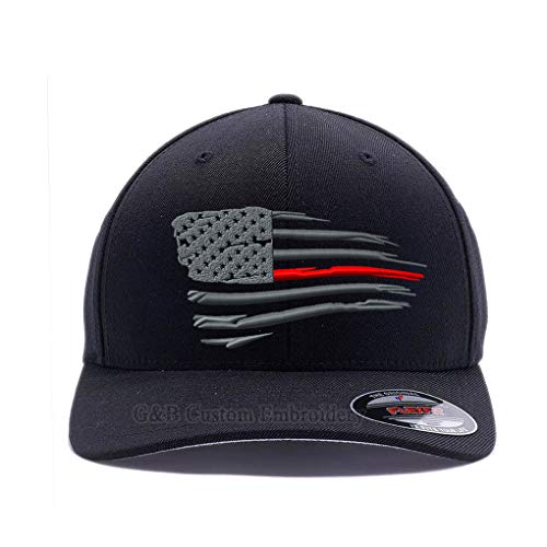 Flexfit Thin Red Line and Thin Blue line Waving USA Flag. Embroidered, 6277 Wooly Combed Twill Cap hat (S M Black)