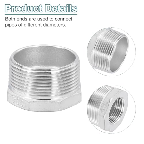 Image of uxcell 5Pcs 1-1 /2 inch Male NPT to 1 inch Female NPT 304 Stainless Steel Reducer Hex Bushing, Reducing Cast Pipe Adapter Fitting for industrial, oil /gas, water, HVAC, and plumbing systems
