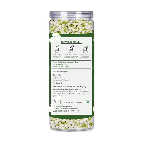 Image of Teaaza Jasmine Tea - 50gm - 50 Cups | Sun dried Jasmine Flowers For Stress Relief, Improved Heart Health & Weight Management | Caffeine Free - Herbal Tea - Flower Based | Jasmine Flower Tea