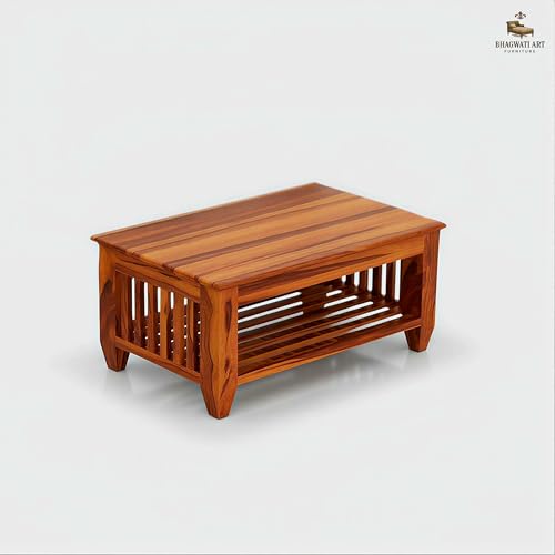 Image of Solid Sheesham Wood Coffee Table for Living Room | Wooden Rectangle Coffee /Tea Table with Storage |Center Table with Storage Teapoye for Home, Living Room, Balcony (Honey Finish)