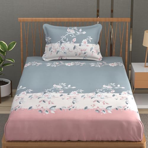 Image of Vram Premium Heavy Cotton Elastic Fitted Bedsheets with 1 King Size Pillow Covers || Single Bed with All Around Elastic 350 TC || 36 x 78 x 6 Inch Single Size Fitted || :- Pink Tricolor