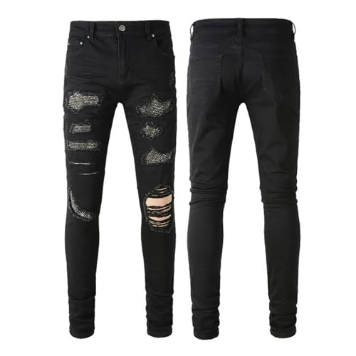 Jeans Pants Trousers Denim Men Stretch Slim Fit Skinny Trendy Worn Hole Black Piercing with Zircon Shining Wrinkles Personalized Casual Small Leg(Black,31)4