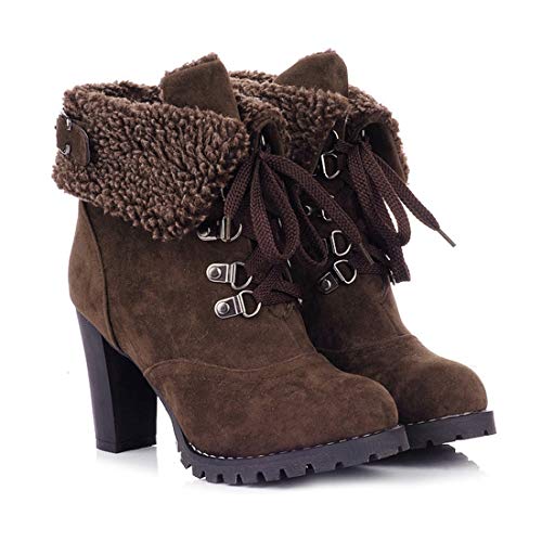 VOKLIN Women's Winter Fur Cuff Ankle Boots Lace Up Round Toe Chunky Block High Heel Warm Dressy Short Booties