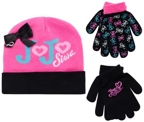 Nickelodeon JoJo Siwa Girls Reversible Winter Hat and 2 Pack Glove Set (Age 4-7)