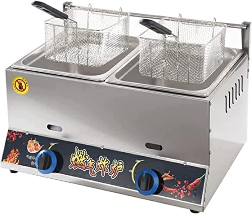 Gasfritteuse, 20 l, großes Fassungsvermögen, Edelstahl, für Privathaushalte, Gewerbe, LPG-Fritteuse, verstellbare Feuerkraft, mit Körben und Deckeln für Pommes Frites, Donuts, Fisch, leicht
