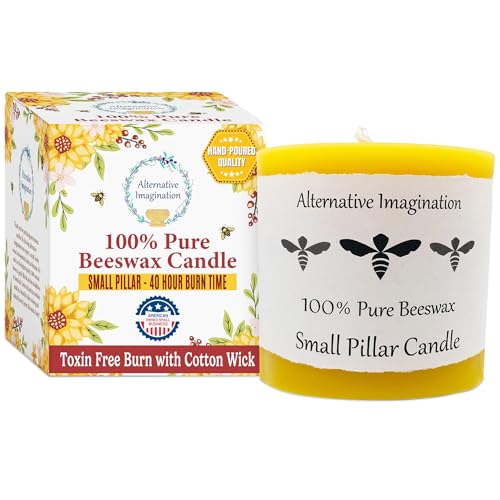100% Pure Beeswax Candle – Long Lasting Burn – Non-Toxic & Hypoallergenic – Natural Honey Aroma – Handcrafted – Sustainably Sourced – Alternative Imagination – 3x3 Inch – Natural Yellow
