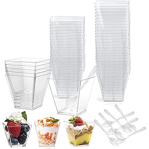 PIQIUQIU Pack of 50 Dessert Cups with 50 Spoons, 2 oz / 60 ml Dessert Bowls Set, DIY Plastic Dessert Cups, Reusable Trapezoid Cups for Home, Desserts, Picnic, Party, Dishwasher Cover