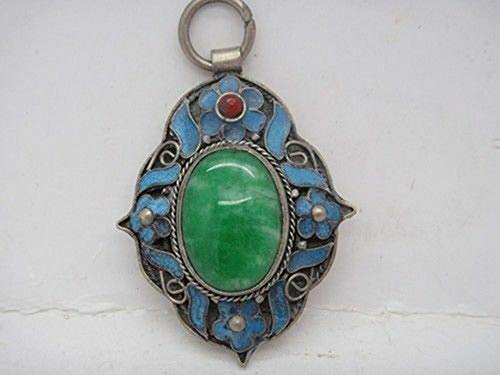 Chinese Handwork Tibet-Silver Inlay Old Green Jade Cloisonne Blue Flower