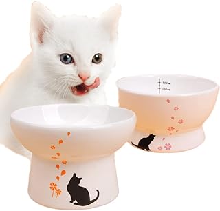 KOWVOWZ Set of Japanese high Base Ceramic pet Bowl with cat Drinking Water Bowl cat Food Bowl Printed Ceramic cat Bowl (Multicolour Pattern)