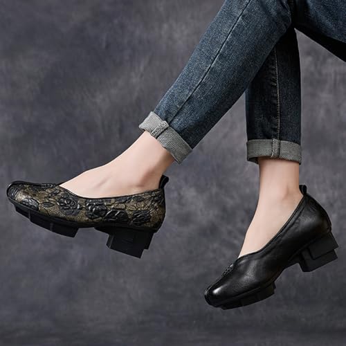 Women's Genuine Leather Printed Chunky Heel Pumps Comfortable Non Slip Slip On Low Block Heel Casual Mam Loafers Vintage Flowers Traveling Walking Work Shoes4
