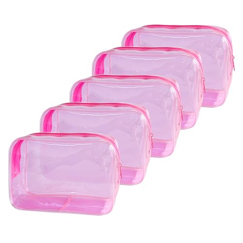 TotePrint Neon TSA Approved Clear Toiletry Pouch, 7"x2.3"x4.7" Size, PVC Travel Makeup Bags for Toiletries, Transparent Cosmetic Bag for Women and Men Small (Pink 5PCS)