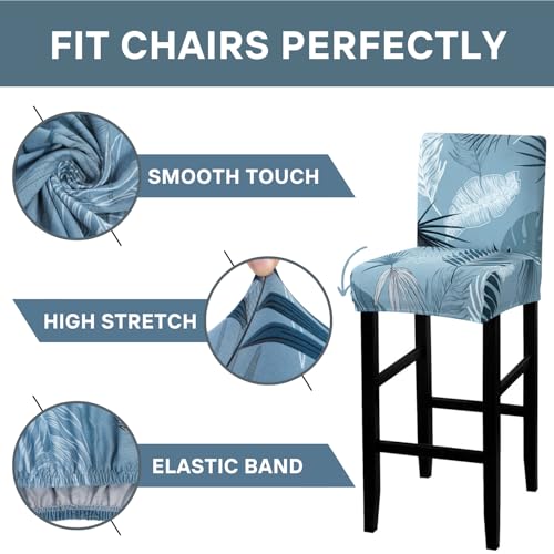 Image of SearchI Bar Stool Covers Set of 4, Stretch Washable Barstool Seat Covers, Counter Height Chair Covers for Kitchen Dining Room Cafe (Blue Foliage)