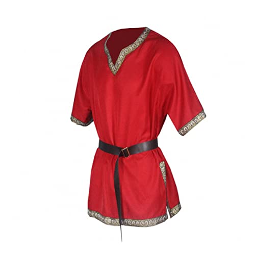 SQYDS Mittelalterliches Renaissance Kostüm Herren Kurzarm V-Ausschnitt Tunika Renaissance Wikinger Krieger Hemd Cosplay Halloween Mittelalter Kostüm,Rot,M Cover