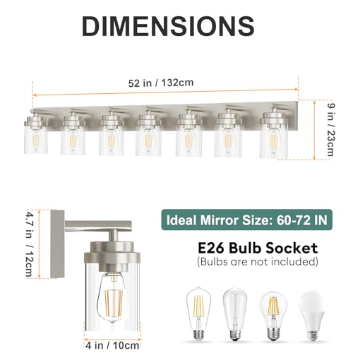 Image of IZORRO Bathroom Vanity Light Fixture, 7-Light 52 inch Brushed Nickel Bathroom Light Fixtures Over Mirror, with Clear Glass Shade, Modern Farmhouse Vanity Lights, Rustic Restroom Lighting Fixtures