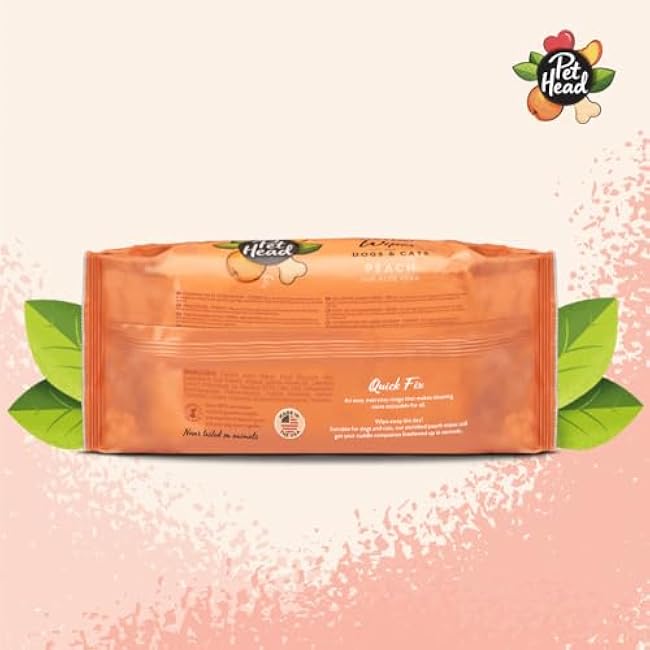Pet Head Quick Fix Paw and Body Wipes for Cats and Dogs | Peach Scent with Aloe Vera | Biodegradable Pet Hygiene Cleaning Wipes | pH-Neutral | Vegan | for an Easy & Speedy Freshen-Up | 100 Pack-VwCDazLt