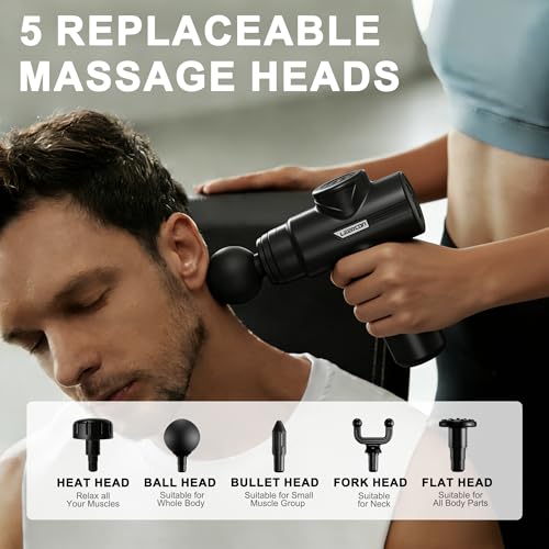 Image of LEERCON Massage Gun with Heat, Deep Tissue Back Massager Gun Gifts for Men | Mini Handheld Percussion Massage Gun with 5 Heads and 6 Speeds 104 - 122F, Ideal Gifts for Men Women Dad Mom Athletes, Black