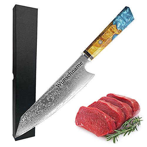 polar-effekt Damastmesser 20 cm Japanmesser 67 lagig mit gravierten Wunschname - personalisiert mit Gravur - Küchenmesser Damast-Stahl - Kochmesser -...