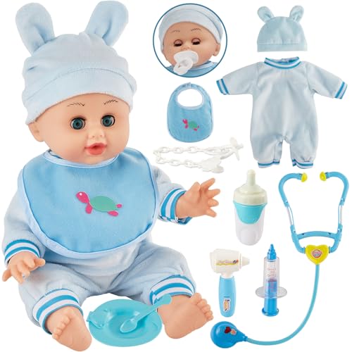 HERSITY Poupon Interactif Bebe, 33CM Poupee Bébé Qui Parle et Pleure, 11 Accessoires avec 12 Sons, Docteur Jouet Cadeau Enfant pour Fille 2 3 4 Ans