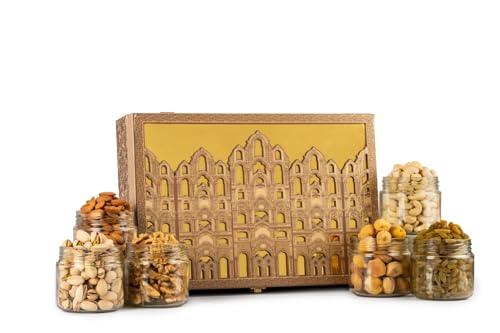 Image of Browntree Dry Fruit Gift Hamper - Mahal -6P - 950g | Almonds, Cashewnuts, Raisins, Salted Pistachios, Walnut Kernels & Apricots | Premium Wooden Box with Glass Jars | Festive Luxury | Ideal gift box for all celebration| Corporate Gifts | Premium Dry Fruit Gift Hamper