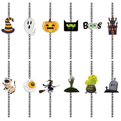 EIH1 48 Piezas Pajitas para Halloween,12 Patrones Diferentes: Calabaza, Castillo, Gato, Bruja, etc., pajitas Desechables para Halloween, Vacaciones