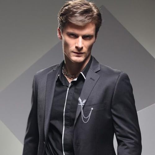Image of Vintage Hawk Chain Brooch Pin Animal Eagle Bird Long Chain Tassel Suit Lapel Pin Rhinestone Hawk Badge Pin Jewelry for Men Women