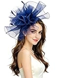 ELLYDOOR Fascinator Derby Hats for Women Large Mesh Veil Fascinator Headband Church Tea Party Pillbox Hat Navy Blue