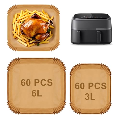 120Pcs Papier Cuisson Air Fryer pour Moulinex EZ901820 5,2/3,1 L, Philips Dual Basket Airfryer Série 3000,Philips NA350/00 6L/3L.Accessoires Airfryer Pour...