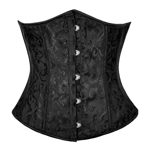 TRIWORKS Womens Black Underbust Corset Satin Waist Cincher Lace Up Corset Underbust Boned Brocade Waist Training Halloween M