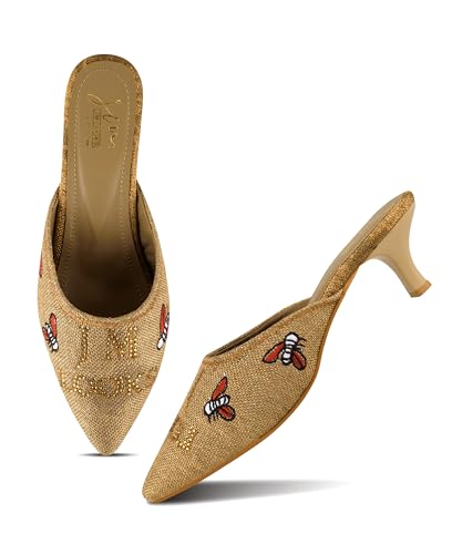 Image of JM LOOKS Pointed Toe Kitten Heel Mules Featuring Exquisite Bee Embroidery and Shimmering Textured Fabric Finish