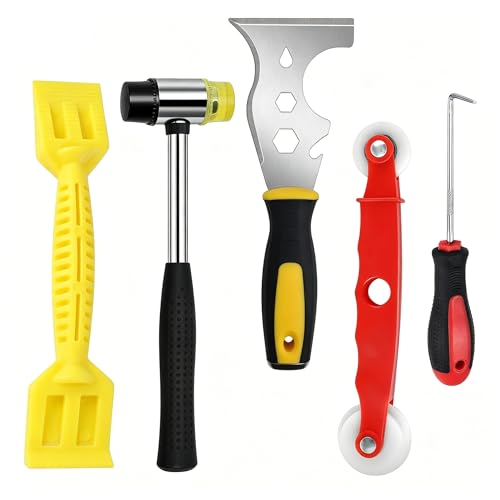 5 Pcs Window Glazing Tool Kit Glazing Tools with Multi-Functions Rubber Hammer 13-in-1 Knife Chisel Red Window Roller Rubber Strip Shovel and Pick Hook Hand Tool Sets for Window Door Screen