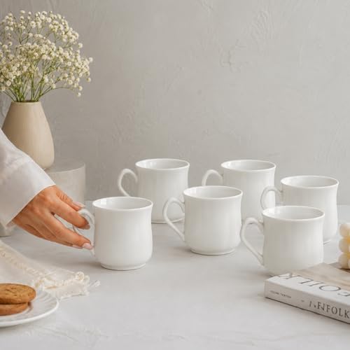 Image of Femora Elegant White Ceramic Tea & Coffee Mug Set of 6, 180 ml Each, Curved Shape, Coffee Cups for Home & Office Microwave & Dishwasher Safe BPA Free