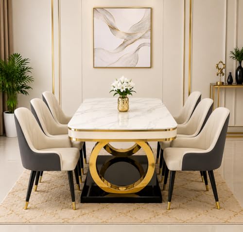 Image of 6-Seater Dining Table with Nano Composite Marble Top and PVC Golden Wooden Base |2yr Warranty - Includes 6 Fabric Upholstered Chairs (Grey&Cream, White Nano Composite Marble Top)
