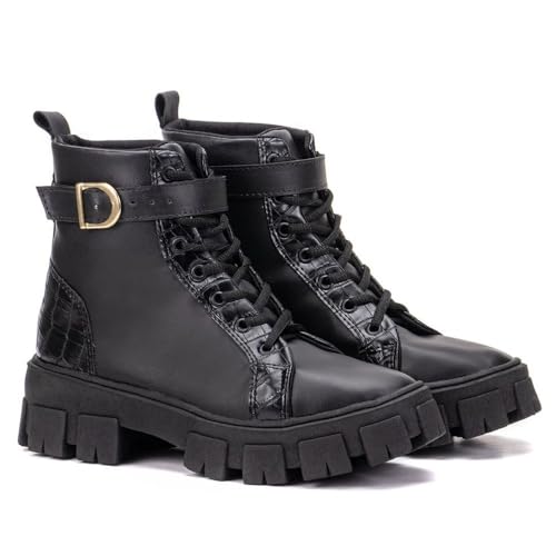Coturno Feminino Com Fivela Solado Tratorado Blogueira Moda GuGi 215-GG (Preto,37)