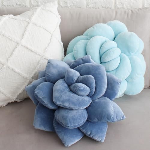 Image of Green Philosophy Co. Succulent Pillow 16 inch - Soft 3D Decorative Flower Throw Pillow, Unique Smokey Blue Plush Flower Cushion, Perfect for Couch, Sofa, Bedroom Decor, Gift for Plant Lovers