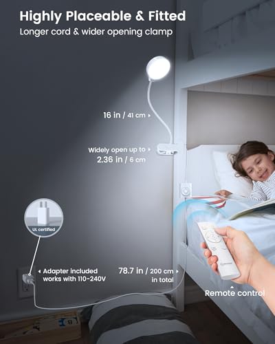 Glocusent 5W Clip on Light, 36 LED Eye Caring Bedside Light, Reading Light for Bed with 3 Colors & 5 Brightness, Perfect for Bed/Books/Reading/Studying/Working (White with Adapter) - Image 6