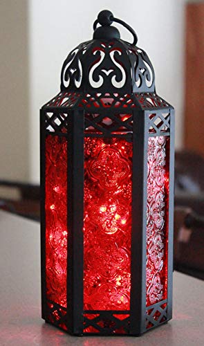 Vela Lanterns Moroccan Style Candle Lantern with LED Fairy Lights, Medium, Red Glass