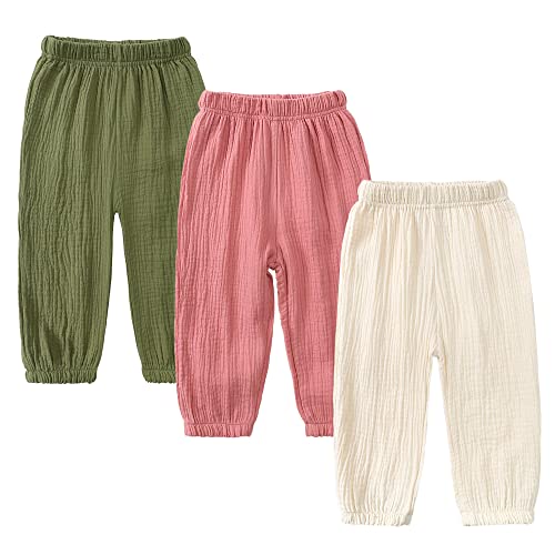 Image of Kids Tales 3 Pack Boys Girls Cotton Linen Pants Child Basic Plain Solid Trousers Big Kids Elastic Waist Long Pants Bloomers